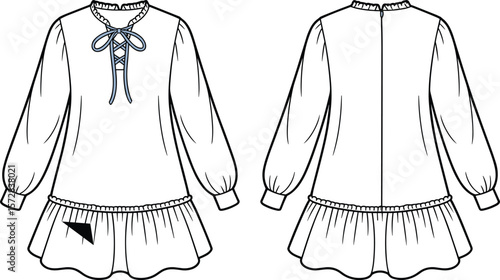  Trendy Women's Tunic Blouse Design: Ruffled Hem Long Sleeve Top, Stylish Lace-Up Front Detail, Fashion Flat Sketch for Clothing Mockup and Pattern.