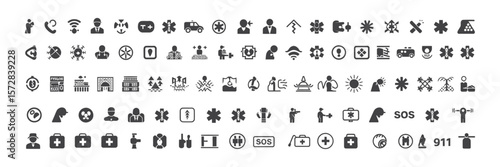 Black Healthcare Pictogram Icons Set for Medical Emergency with Transparent Background