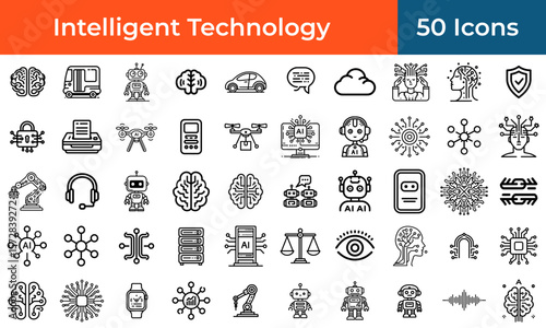 Artificial intelligence icon set for technology and robotics, a collection of outline vector symbols for automation and machine learning.
