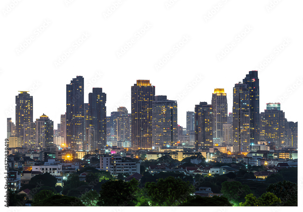 Obraz premium The bangkok skyline glows at twilight, showcasing its modern architecture and vibrant urban landscape isolated on transparent background