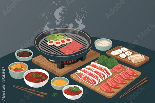 An inviting vector illustration showcasing a Korean BBQ dining table with grills and delicious dipping sauces.
