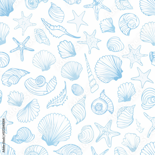 Seamless vector banner with hand drawn sea shells, conch, tentacle, starfish, corals. Outline marine drawings on wide background. Pattern with sketch silhouettes of seashore elements