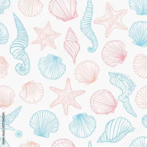 Seamless vector banner with hand drawn sea shells, conch, tentacle, starfish, corals. Outline marine drawings on wide background. Pattern with sketch silhouettes of seashore elements
