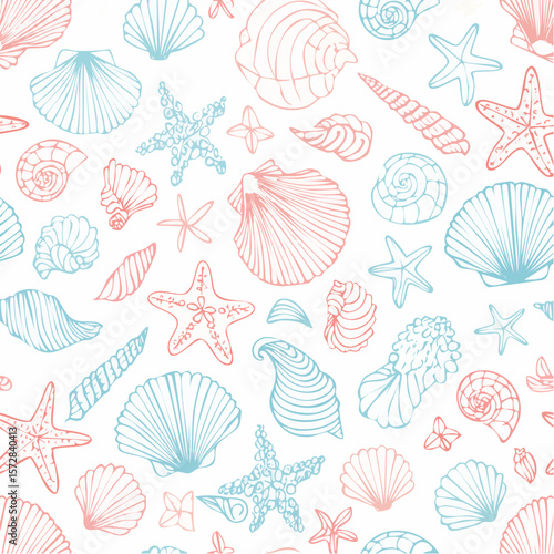 Seamless vector banner with hand drawn sea shells, conch, tentacle, starfish, corals. Outline marine drawings on wide background. Pattern with sketch silhouettes of seashore elements