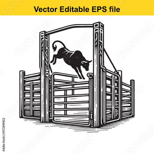 Illustration of a Bull Leaping from a Rodeo Chute in Black and White Vector Graphic