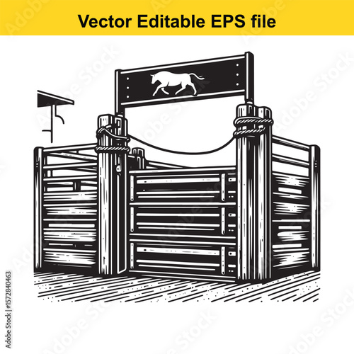 Black and White Rodeo Chute Illustration Depicting Western Heritage and Cowboy Culture Featuring a Bull Silhouette