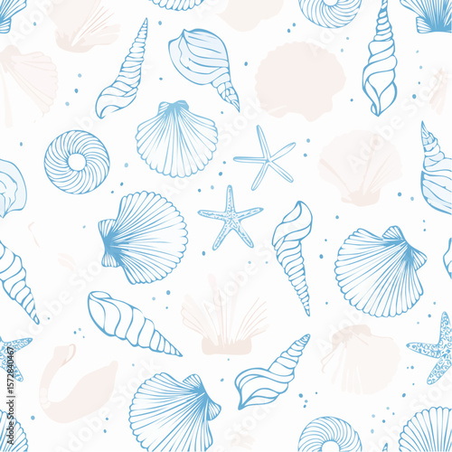 Seamless vector banner with hand drawn sea shells, conch, tentacle, starfish, corals. Outline marine drawings on wide background. Pattern with sketch silhouettes of seashore elements