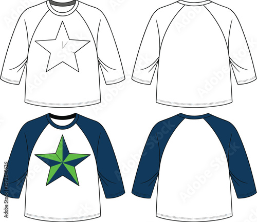 Kids' Sporty Raglan Sleeve T-Shirt: Star Graphic Design, Three-Quarter Sleeves, and Contrast Yoke, Perfect for Casual Wear and Playtime Apparel.