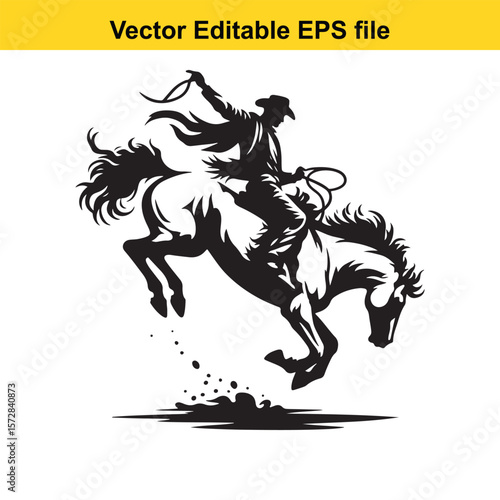 Silhouette of a Cowboy Riding a Bucking Bronc, Lasso in Hand Rodeo Themed Design, Black and White Vector Illustration