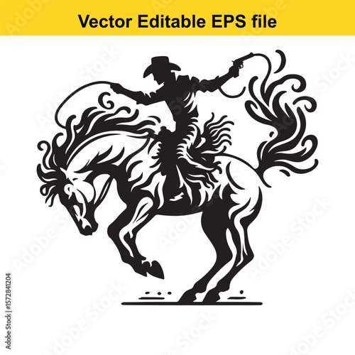 Monochrome Cowboy Silhouette Riding a Wild Horse with Lasso and Intricate Ornamental Details Creating a Dynamic Western Scene