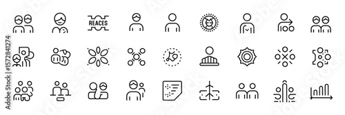Business People Icons Set Line Art with Teamwork, Organization Isolated on White