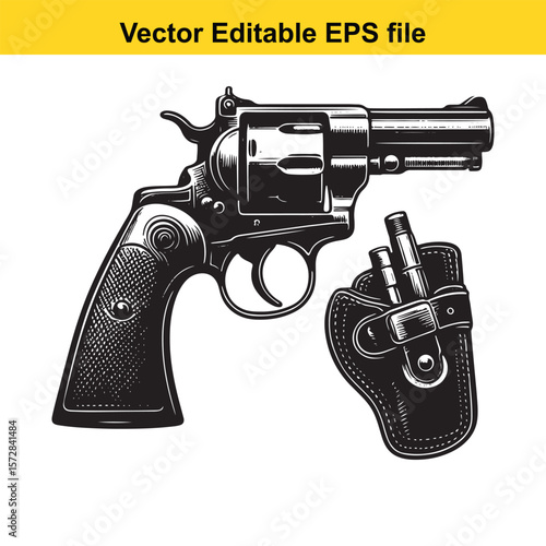 Detailed Vector Illustration of a Revolver with Holster Depicting Classic Firearm Design and Western Aesthetics for Print or Digital Media