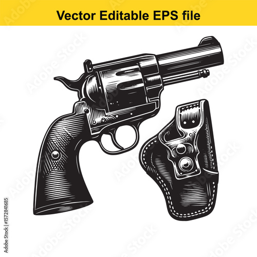 Detailed Engraving of a Revolver and Holster Capturing the Essence of Western Heritage and Classic Firearm Design
