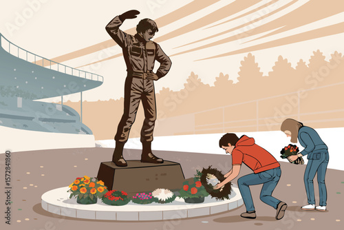 A stylized vector tribute to a legendary Formula 1 racing driver's memorial statue.