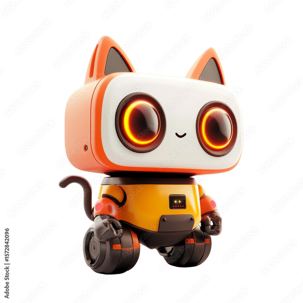 Cute futuristic cat robot with bright eyes and pointy ears design Cute futuristic cat robot with bright eyes and pointy ears design