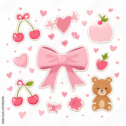 Collection of Adorable Girly Stickers for Planners and Journals, Featuring Ribbons, Cherries, Notes, Bears, and Hearts in a Playful Pink Aesthetic. Hand-Drawn Clip Art, Vector Design.