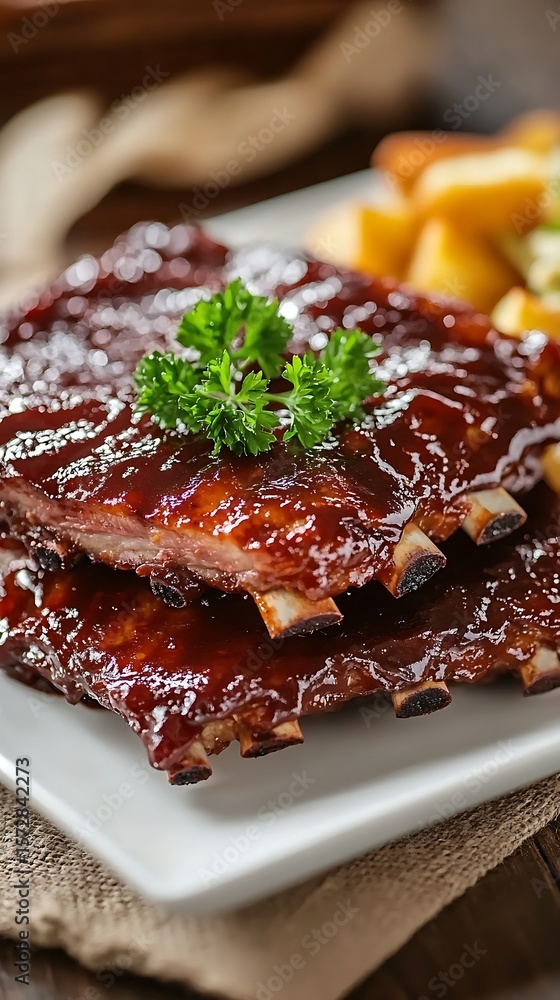 Fototapeta premium Close up of delicious barbecue ribs with french fries, and a parsley garnish