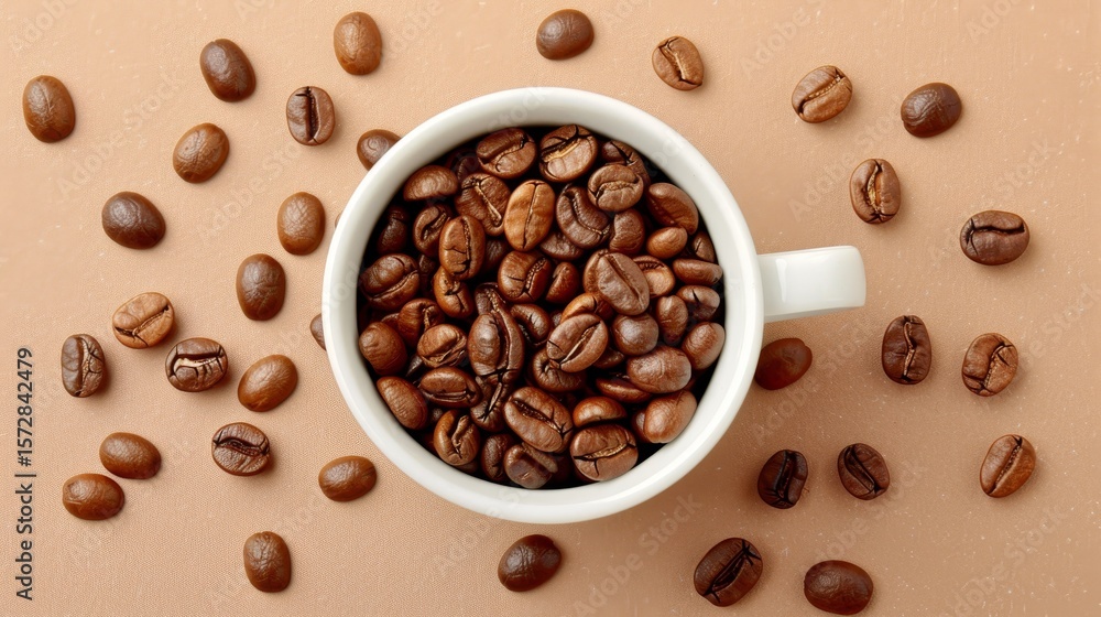 Obraz premium Overflowing white cup filled with roasted coffee beans against a soft beige backdrop
