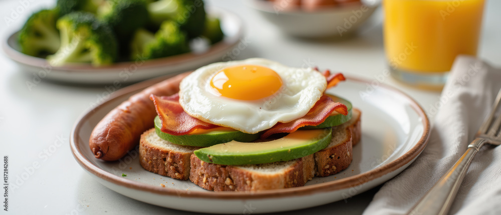 Delicious breakfast featuring sunny side up egg, ham, avocado, and whole grain toast, served with sausage and fresh broccoli Delicious breakfast featuring sunny side up egg, ham, avocado, and whole grain toast, served with sausage and fresh broccoli
