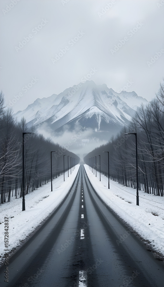 Fototapeta premium Serene Winter Road Landscape – Snow-Covered Trees and Mountains with Street Lamps