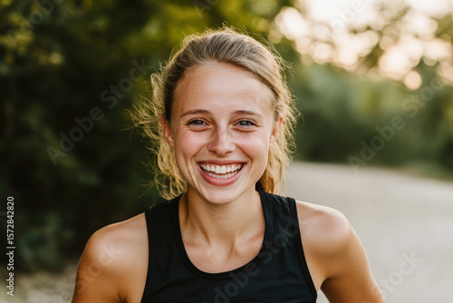Young sporty woman smiling after exercising outdoors
