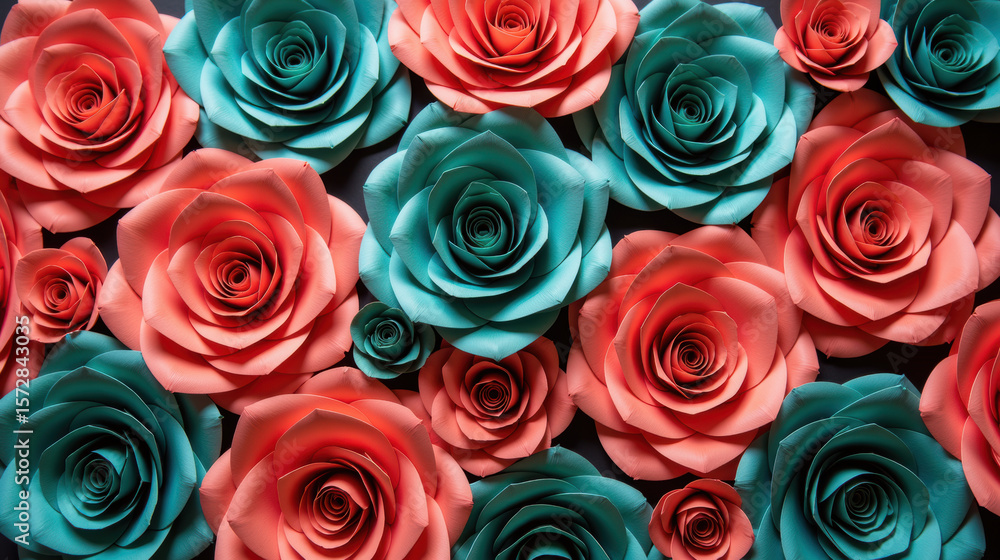 Colorful paper roses in shades of pink and teal create vibrant floral display, perfect for decoration or artistic projects Colorful paper roses in shades of pink and teal create vibrant floral display, perfect for decoration or artistic projects