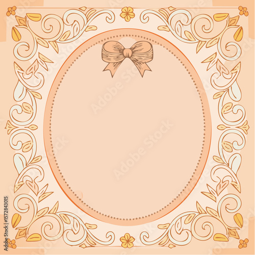 Cute oval shaped vintage frame with bow. Hand drawn coquette template for card, poster, print design. Ornate girly decoration for valentine day, wedding celebration. Line art vector