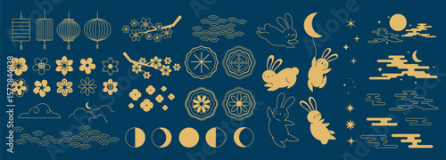 Mid Autumn Festival gold elements vector set. collection of cute rabbit, mooncake, cloud, cherry blossom, lantern, moon, wave. Design for packaging, product, card, poster, ads.