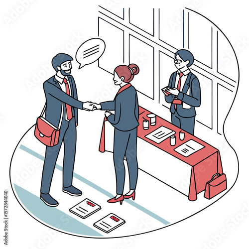 A business meeting illustration featuring a handshake and a conference table with attendees in suits