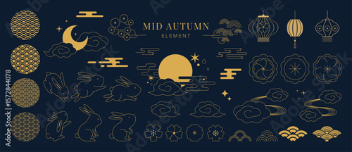 Mid Autumn Festival gold elements vector set. collection of cute rabbit, mooncake, cloud, cherry blossom, lantern, moon, wave. Design for packaging, product, card, poster, ads.