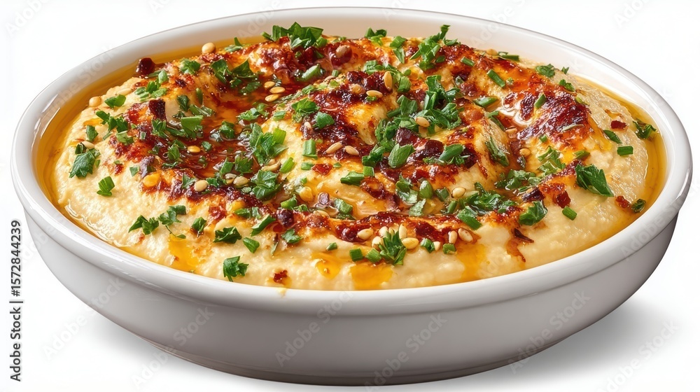 Creamy Hummus with Olive Oil Drizzle and Fresh Herbs Ready to Serve in a White Bowl Creamy Hummus with Olive Oil Drizzle and Fresh Herbs Ready to Serve in a White Bowl