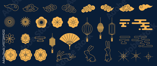 Mid Autumn Festival gold elements vector set. collection of cute rabbit, mooncake, cloud, cherry blossom, lantern, fan. Design for packaging, product, card, poster, ads.