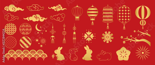 Wallpaper Mural Mid Autumn Festival gold elements vector set. collection of cute rabbit, wave, star, cloud, cherry blossom, lantern, pattern. Design for packaging, product, card, poster, ads. Torontodigital.ca