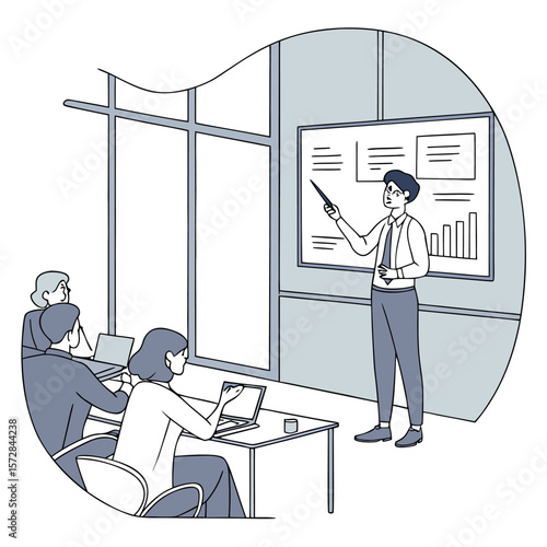 A presentation in an office setting with a man pointing to a graph on a whiteboard and attendees watching