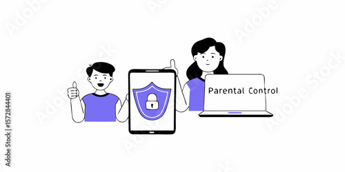 Protecting children online with parental control is shown on mobile phone and laptop in this family safety design.