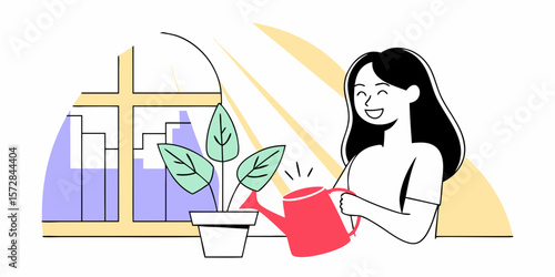Woman tending to indoor houseplant with watering can near window brings freshness and nature to design projects.