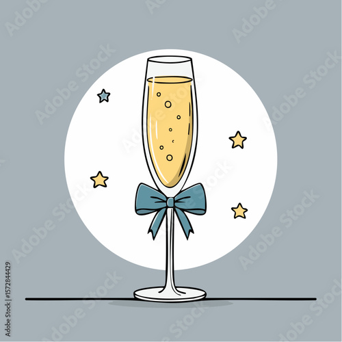 Line art champaign glass with bow. Coquette outline illustration of cocktail drink. Hand drawn doodle bar element. Vector graphic