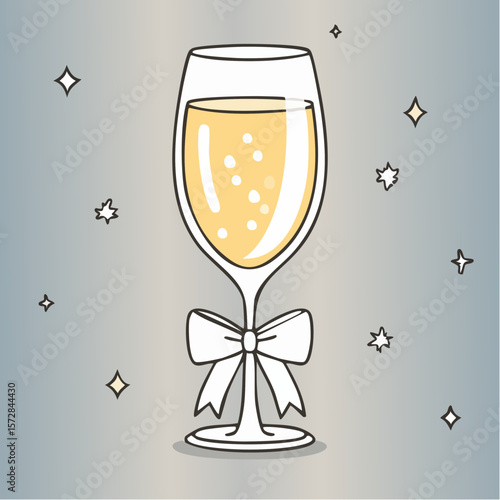 Line art champaign glass with bow. Coquette outline illustration of cocktail drink. Hand drawn doodle bar element. Vector graphic