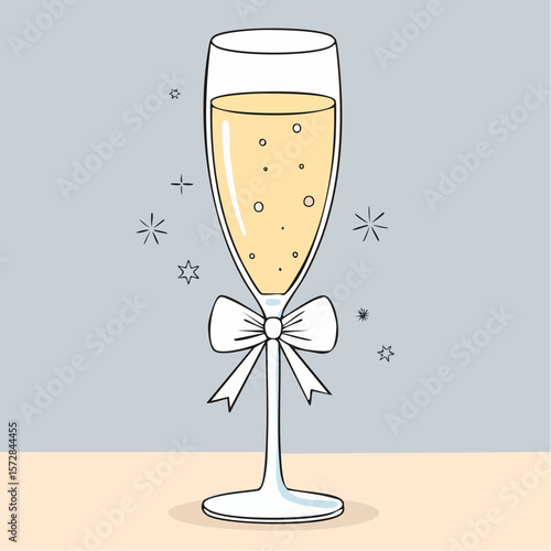 Line art champaign glass with bow. Coquette outline illustration of cocktail drink. Hand drawn doodle bar element. Vector graphic