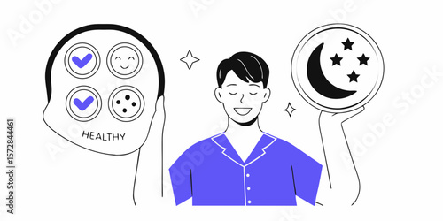 Smiling man holding a face mask and a moon, depicting skincare routine and night sleep for wellness and healthy lifestyle.
