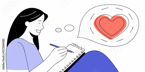 A girl pens love in a notebook, daydreaming with a heart in a speech bubble, suitable for Valentine's card designs or romantic concepts.