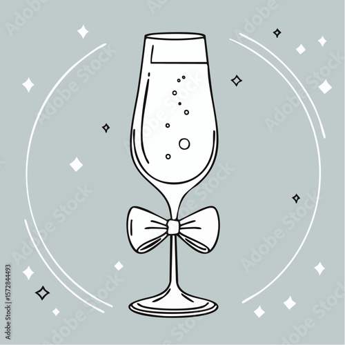 Line art champaign glass with bow. Coquette outline illustration of cocktail drink. Hand drawn doodle bar element. Vector graphic