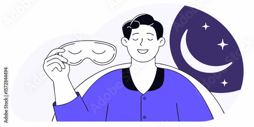 A calm person prepares for restful sleep, holding a mask against a background of a crescent moon and stars, ideal for wellness designs.
