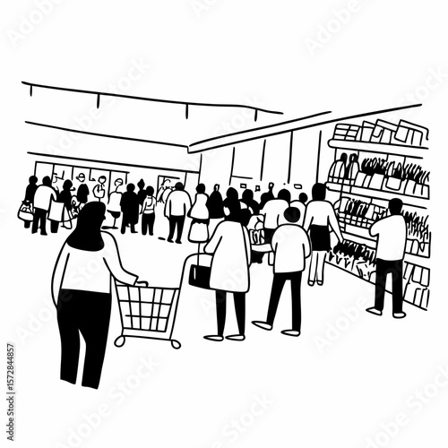Shoppers in crowded supermarket aisle illustration