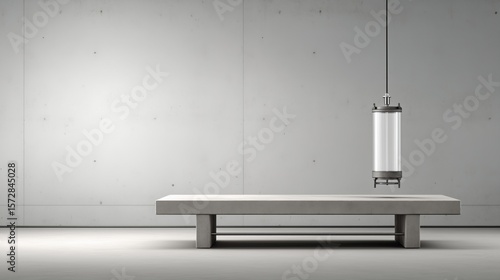 Minimalist industrial scene of low-carbon cement electrochemical production, clean white background, single electrochemical cell on table, subtle lighting, sleek lab setting
