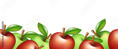 Apple seamless border. Red and green apples. Vector 3d clipart isolated on white background.