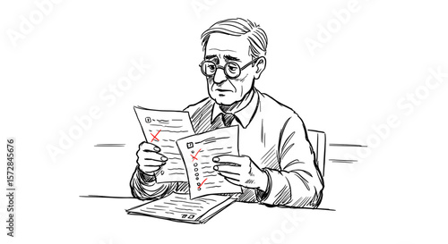 Teacher reviewing test results with a concerned expression on white background