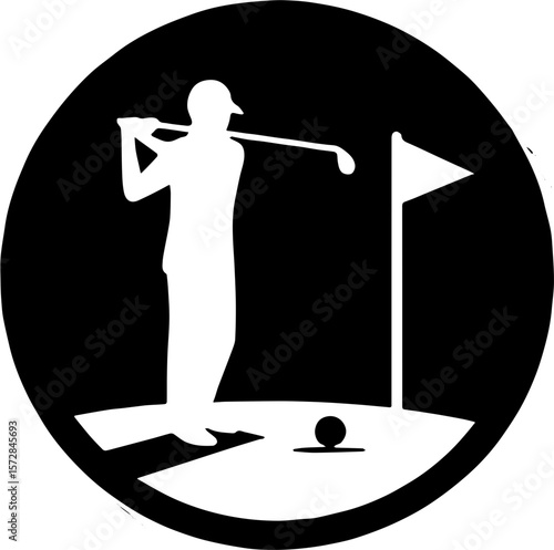 golfer mid-swing with flag and golf ball inside black circular icon for sports and leisure themes