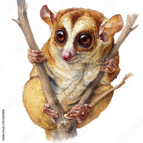Cute pygmy possum clinging to branches isolated on transparent background