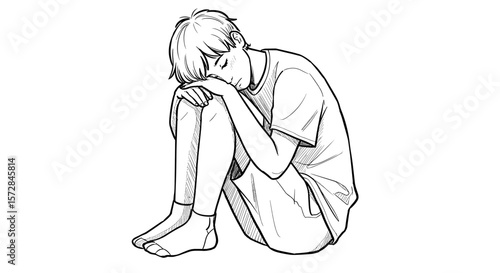 Boy resting his head on his knees in a contemplative position on white background
